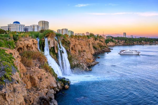 Lower Duden waterfalls on Mediterranean sea coast, Antalya, Turkey, in sunset light